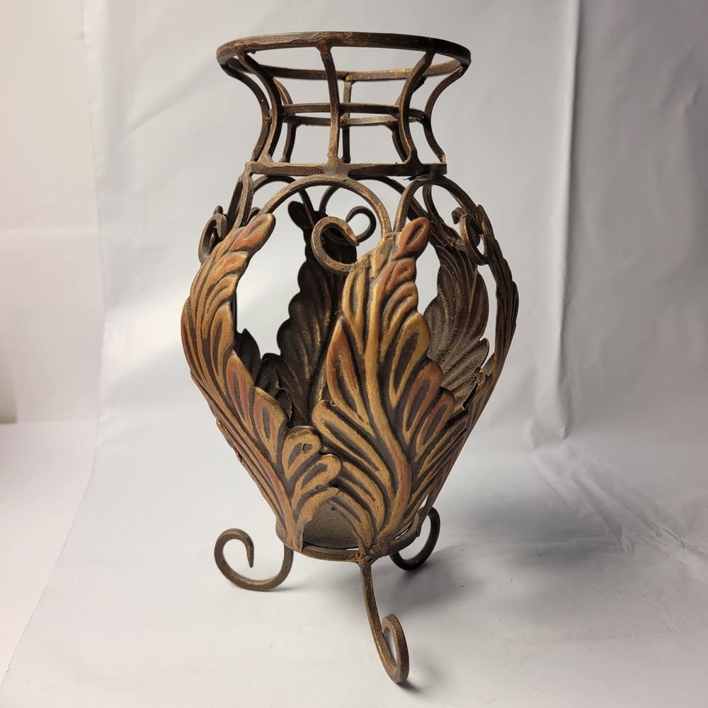 Metal Pillar Candle‎ Holder Bronze Look Steel Acanthus Leaf Scroll Footed 9in